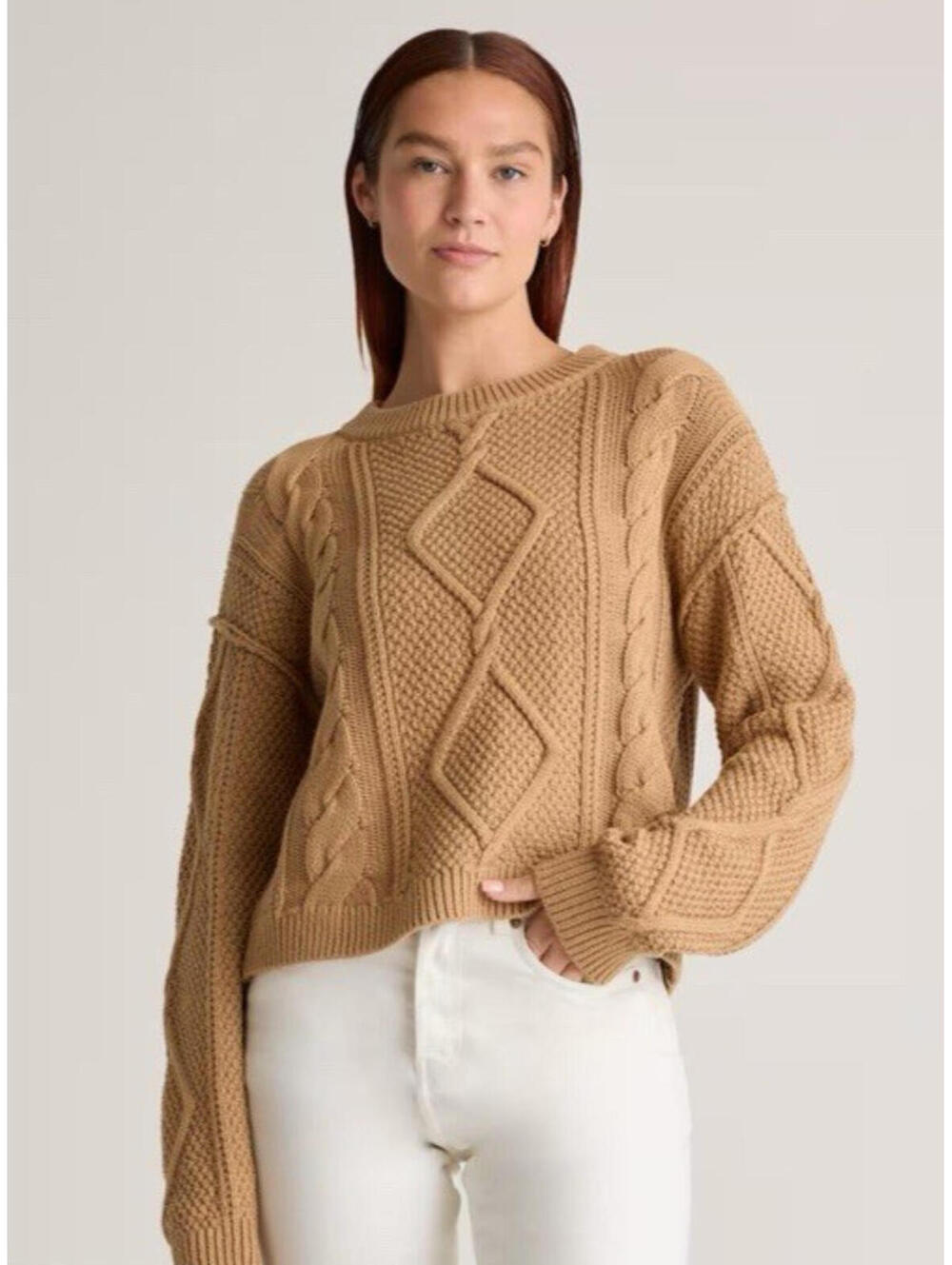 Quince Cropped Cable Crew Sweater Womens S Camel Organic Cotton Knit Fisherman